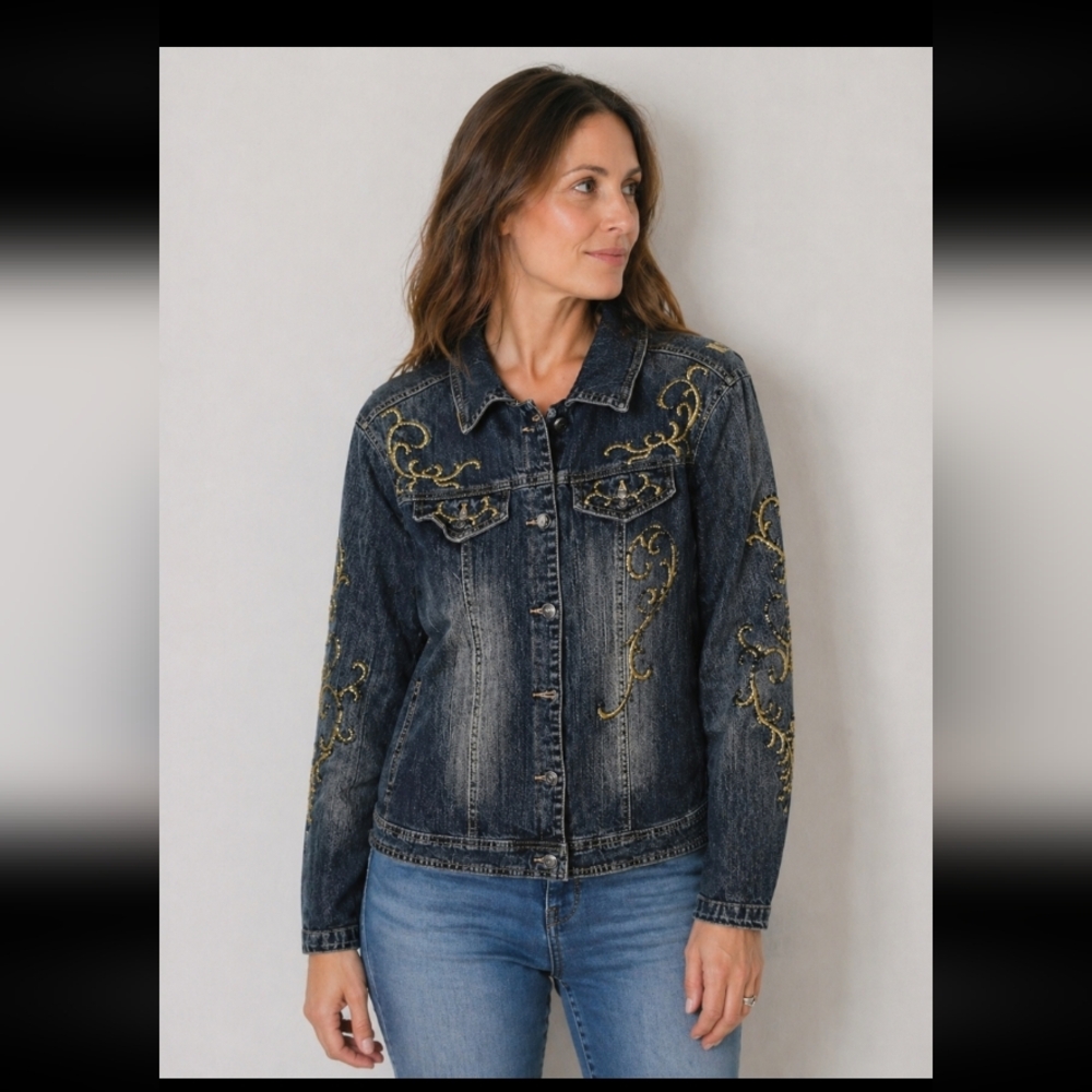 Vintage Cosmopolitan Bling Beaded Jean Jacket w Liner Medium